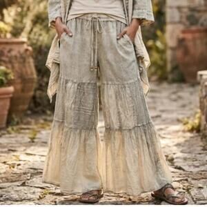 Young Threads Ivory Latte Tiered Patchwork Wide Leg Pants L NWT - Romantic Boho